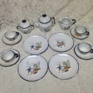 Antique, Rare, 17pc Nursery Rhyme,  Enamelware Tea Set
